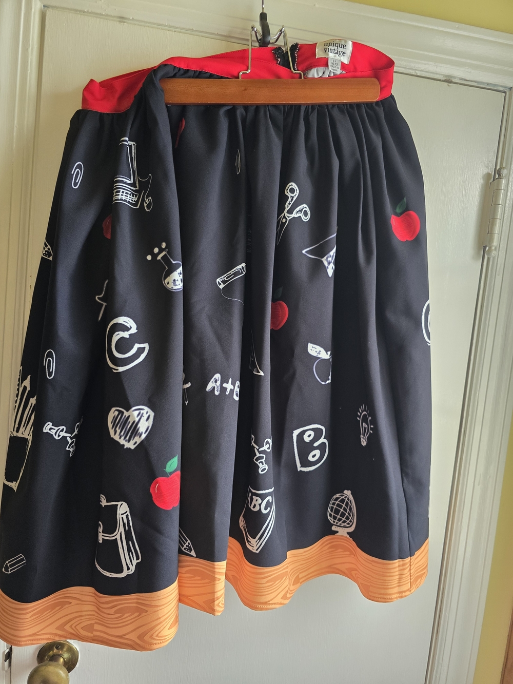 Unique Vintage Black Skirt with Red Apple Print and Orange Hem. TEACHER MATH ELA